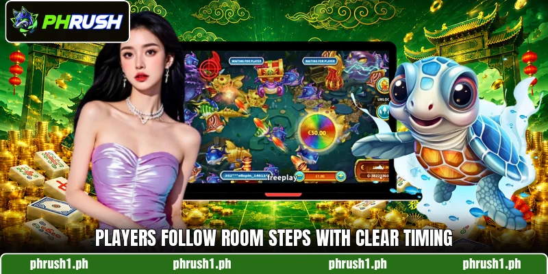 Players follow room steps with clear timing